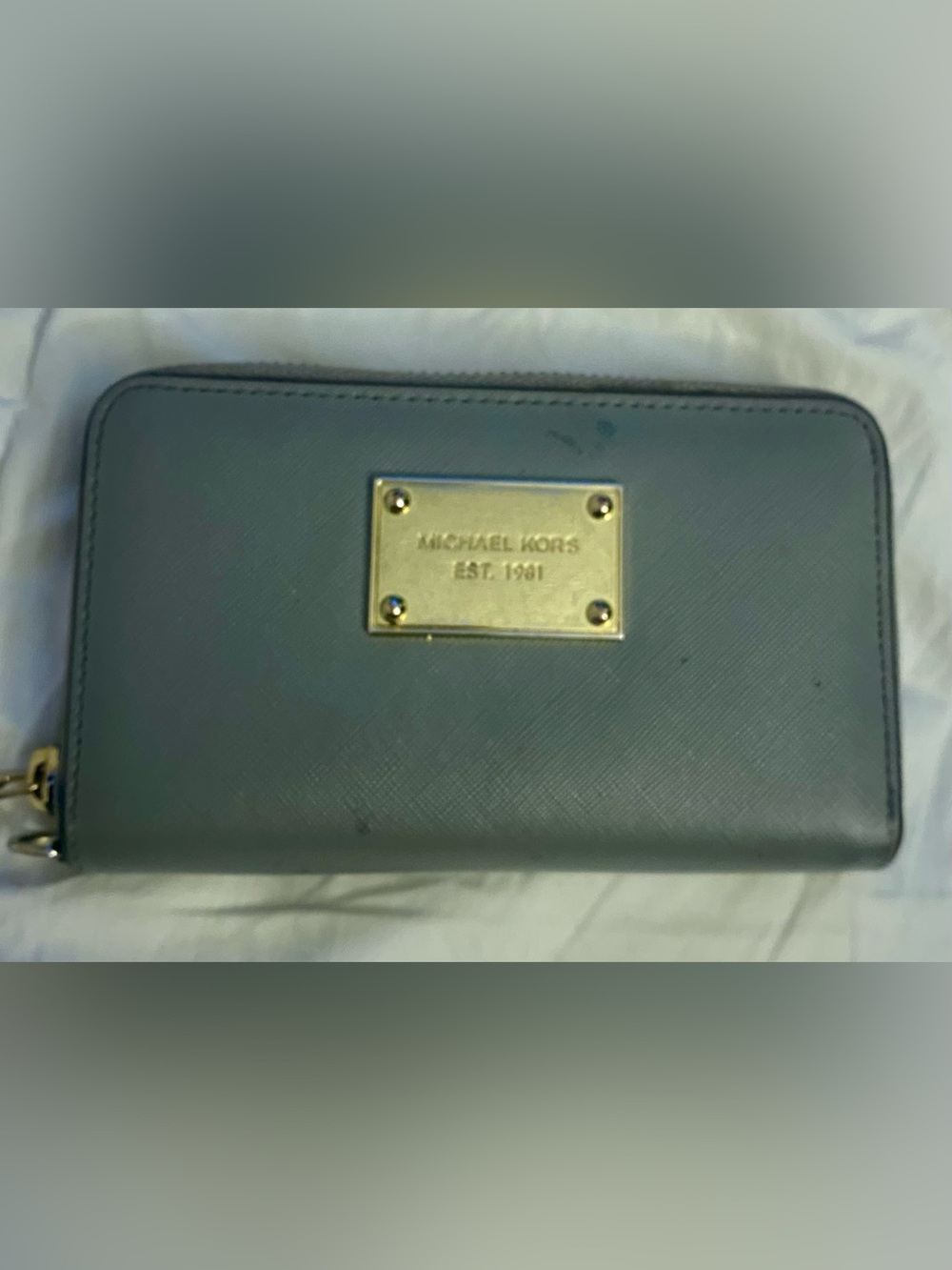 Michael Kors Gray Saffiano Wallet with Gold Plaque